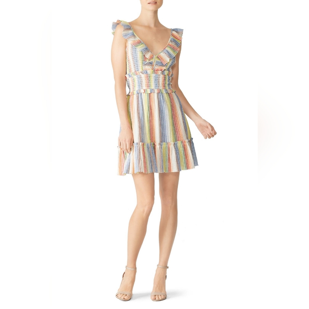 Saylor Alma Dress Rainbow Striped Crepe Smocked Bust Ruffle Strap Dress Small - Picture 12 of 15